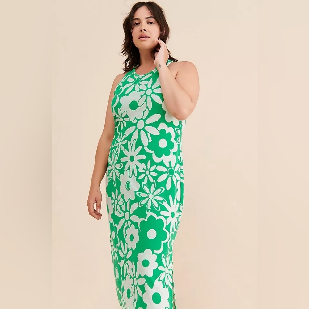 Green Floral Maxi Dress - Sleeveless Halter Style
